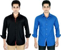 Yuva Men's Solid Casual Linen Black, Blue Shirt(Pack of 2)