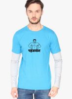 Campus Sutra Aqua Blue Printed Round Neck T-Shirts