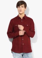 Giordano Maroon Checked Slim Fit Casual Shirt