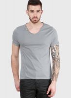 Incult Grey Solid V Neck T-Shirts