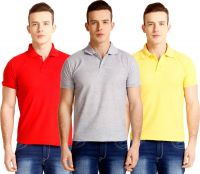 Nimya Solid Men's Polo Neck Grey, Red, Yellow T-Shirt(Pack of 3)