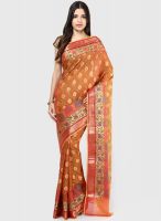 Bunkar Orange Printed Cotton Blend Saree