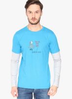Campus Sutra Aqua Blue Printed Round Neck T-Shirts