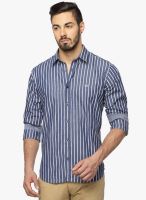 DERBY JEANS COMMUNITY Navy Blue Striped Slim Fit Casual Shirt