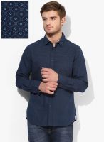 Giordano Navy Blue Printed Slim Fit Casual Shirt