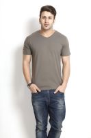 Gritstones Solid Men's V-neck Grey T-Shirt