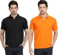 Krazy Katz Solid Men's Polo Neck Black, Orange T-Shirt(Pack of 2)