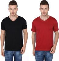 Meedo Solid Men's V-neck Black, Red T-Shirt(Pack of 2)