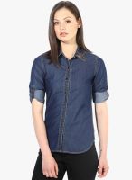 The Vanca Basic Denim Button Down Shirt In Blue Dark Wash With Embellished Collar And Contrast Stitching Details-Full Sleeeves