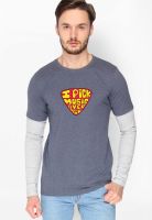 Campus Sutra Grey Milange Printed Round Neck T-Shirts