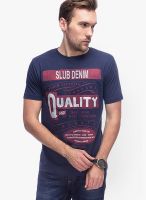 Slub Navy Blue Printed Round Neck T-Shirts