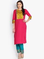 Folklore Solid Women's Straight Kurta(Dark Blue, Pink)