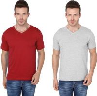 Meedo Solid Men's V-neck Red, Grey T-Shirt(Pack of 2)