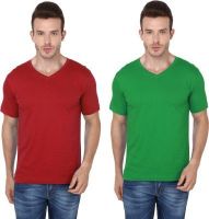 Meedo Solid Men's V-neck Red, Green T-Shirt(Pack of 2)