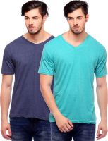 Blackburne Inc Self Design Men's V-neck Light Green, Blue T-Shirt(Pack of 2)