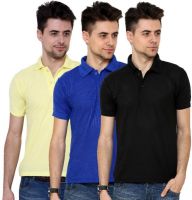 Grand Bear Solid Men's Polo Neck Yellow, Blue, Black T-Shirt(Pack of 3)