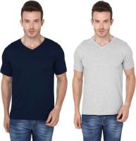 Meedo Solid Men's V-neck Dark Blue, Grey T-Shirt(Pack of 2)