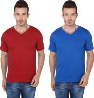 Meedo Solid Men's V-neck Red, Blue T-Shirt(Pack of 2)