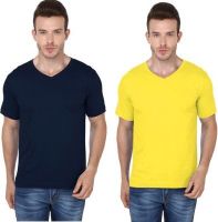 Meedo Solid Men's V-neck Dark Blue, Yellow T-Shirt(Pack of 2)