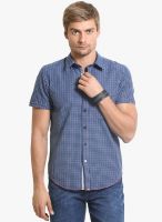 HW Navy Blue Checked Slim Fit Casual Shirt