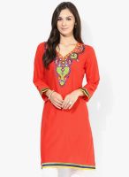 Aum Red Embroidered Kurti