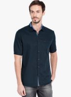 Locomotive Navy Blue Solid Slim Fit Casual Shirt