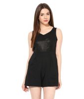 Miss Chase Black Cotton Shift Jumpsuit For Women Sleeveless V Neck Casual Wear