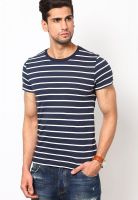 Giordano Blue Striped Round Neck T-Shirts