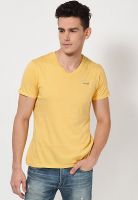 Alessio69 Yellow Solid V Neck T-Shirts