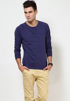 FREECULTR Navy Blue Solid Henley T-Shirts