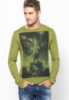 Gas Green Printed Round Neck T-Shirts