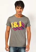 Jack & Jones Grey Printed Round Neck T-Shirts