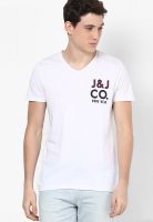 Jack & Jones White Printed V Neck T-Shirts