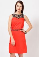 MIAMINX Red Straight Dress With Lace Yoke