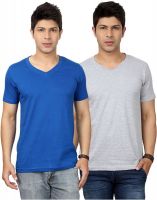 Top Notch Solid Men's V-neck Blue, Grey T-Shirt(Pack of 2)