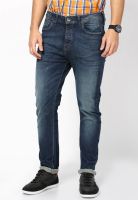 United Colors of Benetton Solid Blue Carrot Fit Dark Tone 3D Whisker Denim