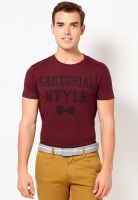 Jack & Jones Maroon Solid Round Neck T-Shirts