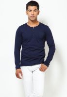 FREECULTR Navy Blue Solid Henley T-Shirts