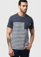 Spunk Navy Blue Striped Round Neck T-Shirts