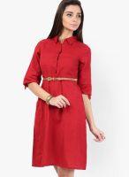 109F Maroon Colored Solid Skater Dress