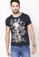 Jack & Jones Navy Blue Printed Round Neck T-Shirts