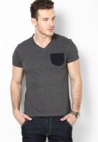 Lee Grey Melange Solid V Neck T-Shirts