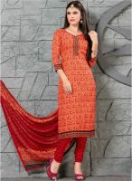 Inddus Orange Embroidered Dress Material