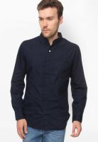 Slub Solid Navy Blue Casual Shirt