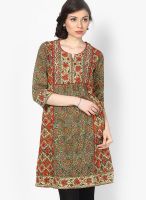 Rain & Rainbow Cotton Green A-Line Kurta