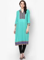 Rain & Rainbow Cotton Green Straight Kurta