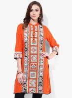 Rain & Rainbow Orange Printed Cotton Kurta