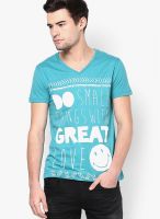 Smiley Aqua Blue Printed V Neck T-Shirts