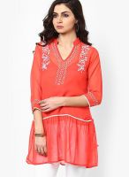 Aum Red Embroidered Kurtis