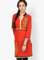 Aum Red Embroidered Kurtis